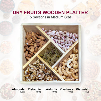 Dry Fruits & Nuts Wooden Gift Box - 5 Sections Square Platter (Medium Size) (Copy) (Copy)