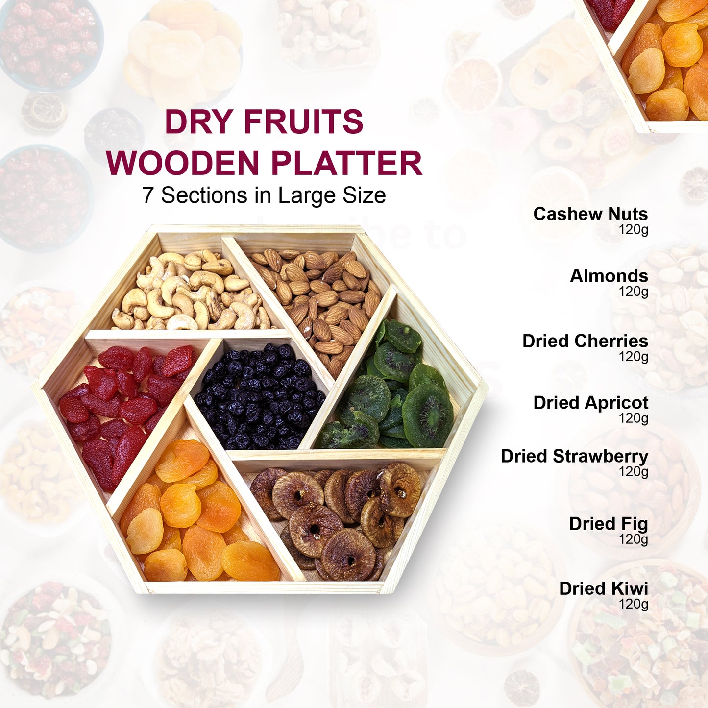Dry Fruit & Nuts Box with 7 Sections - Hexagonal Gift Platter (Large Size)