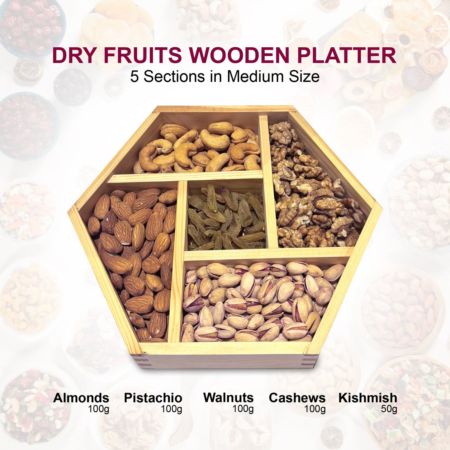 Dry Nuts & Fruits Box with 5 Sections - Hexagonal Platter (Medium Size)