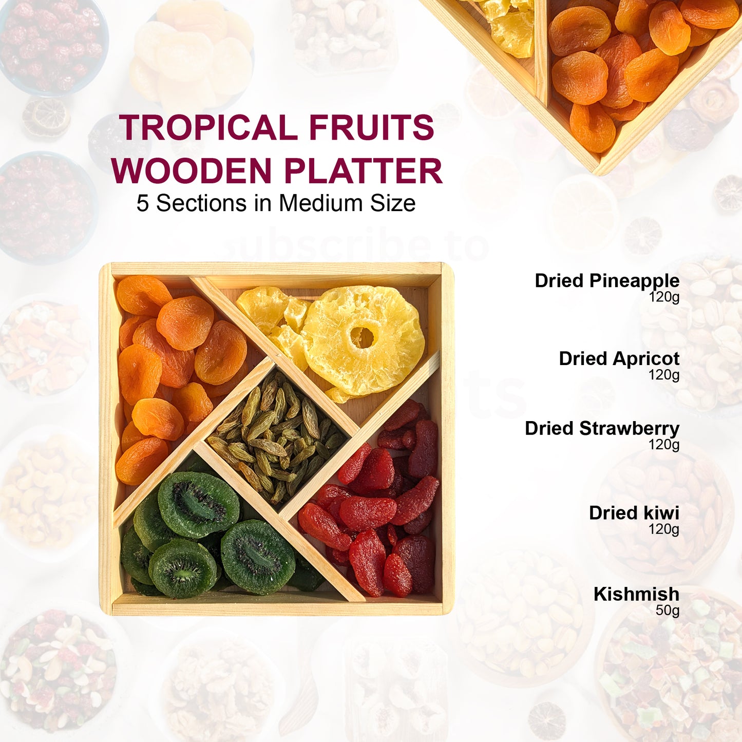 Dry Fruits & Nuts Wooden Gift Box - 5 Sections Square Platter (Medium Size) (Copy) (Copy)