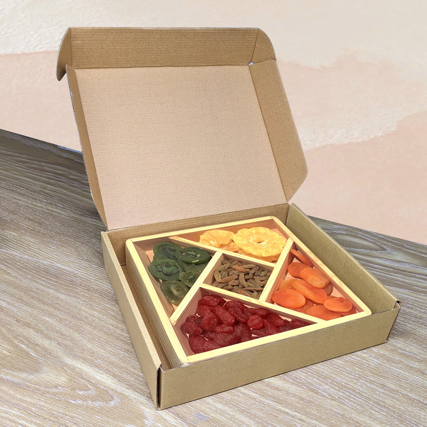 Dry Fruits & Nuts Wooden Gift Box - 5 Sections Square Platter (Medium Size) (Copy) (Copy)